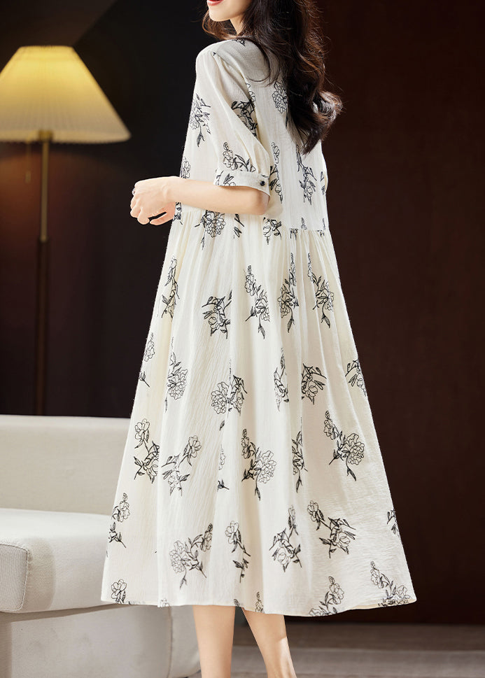 Elegant Beige Embroidered Floral Patchwork Maxi Dress Short Sleeve