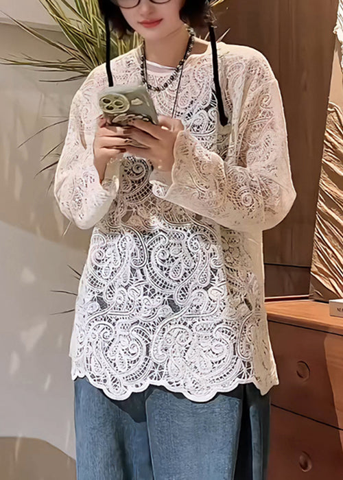 Elegant Beige Embroidered Hollow Out Lace T Shirt Spring