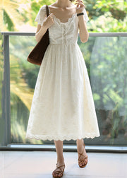 Elegant Beige Embroidered Lace Up Cotton Long Dress Summer