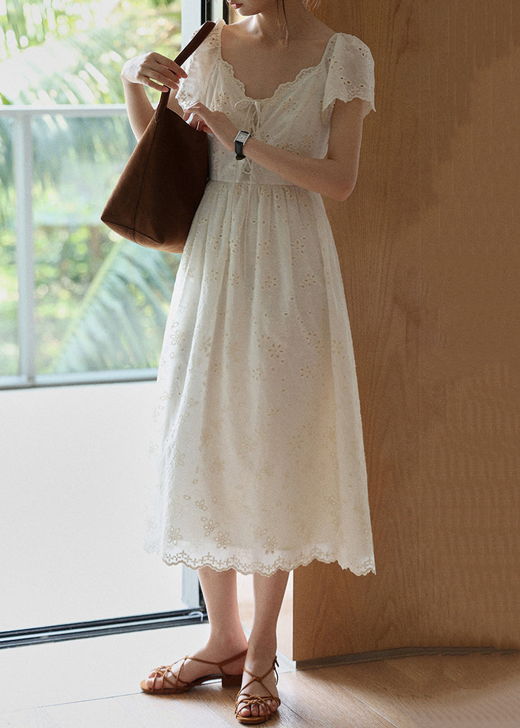 Elegant Beige Embroidered Lace Up Cotton Long Dress Summer