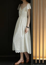 Elegant Beige Embroidered Lace Up Cotton Long Dress Summer