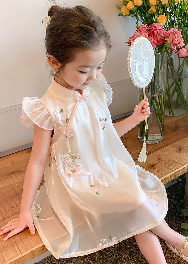 Elegant Beige Embroideried Button Tulle Girls Long Dresses Summer