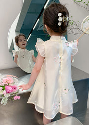 Elegant Beige Embroideried Button Tulle Girls Long Dresses Summer