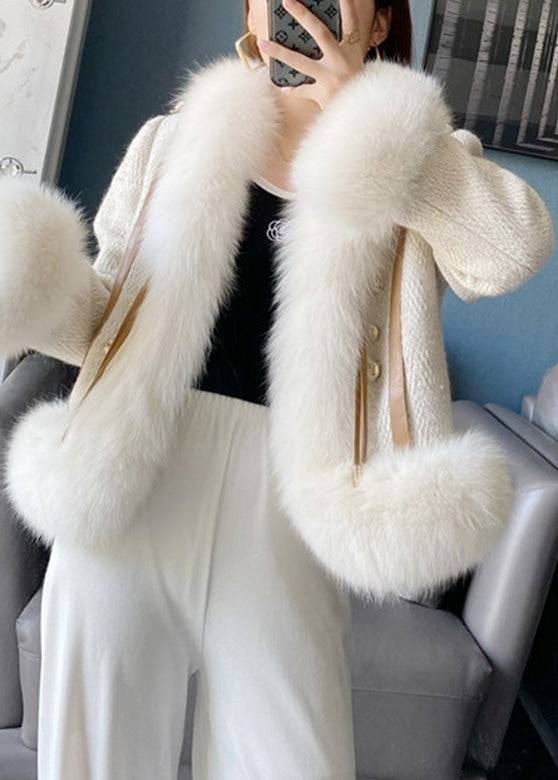 Elegant Beige Fox Collar Faux Leather And Fur Coat Winter