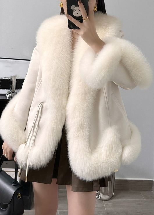 Elegant Beige Fox Collar Pockets Parkas Winter