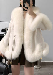 Elegant Beige Fox Collar Pockets Parkas Winter