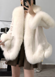 Elegant Beige Fox Collar Pockets Parkas Winter