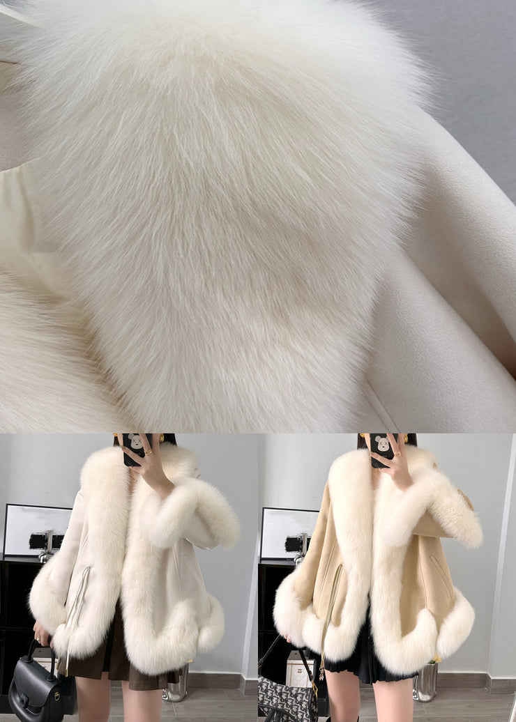 Elegant Beige Fox Collar Pockets Parkas Winter