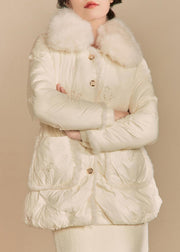 Elegant Beige Fur Collar Button Duck Down Puffer Coat Winter