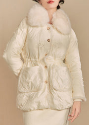 Elegant Beige Fur Collar Button Duck Down Puffer Coat Winter