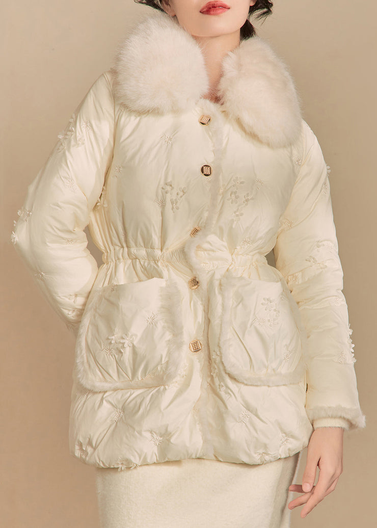 Elegant Beige Fur Collar Button Duck Down Puffer Coat Winter