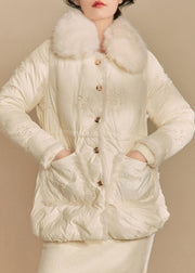 Elegant Beige Fur Collar Button Duck Down Puffer Coat Winter