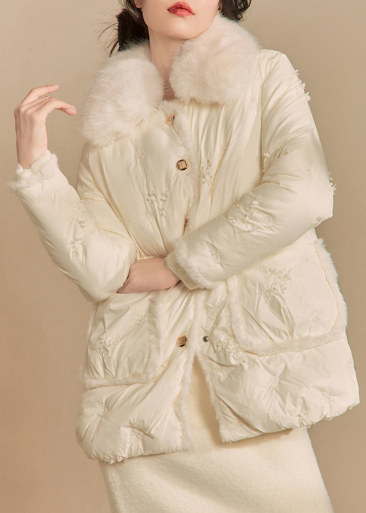 Elegant Beige Fur Collar Button Duck Down Puffer Coat Winter