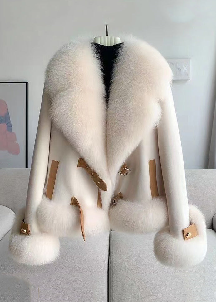 Elegant Beige Fur Collar Patchwork Woolen Coat Winter