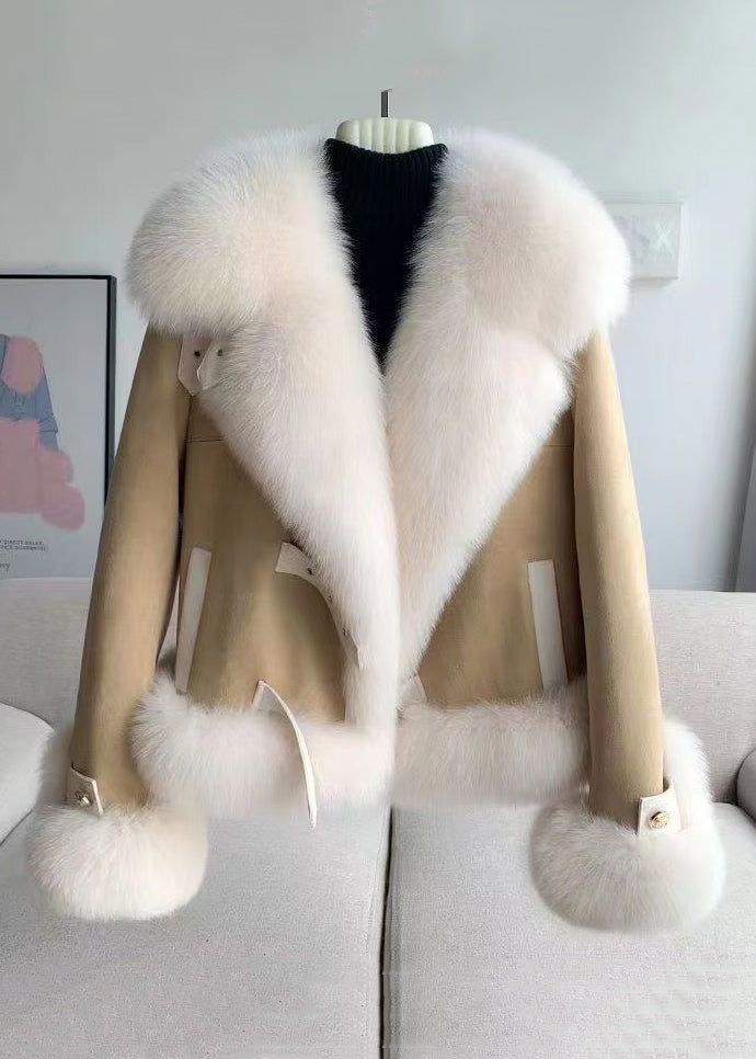 Elegant Beige Fur Collar Patchwork Woolen Coat Winter