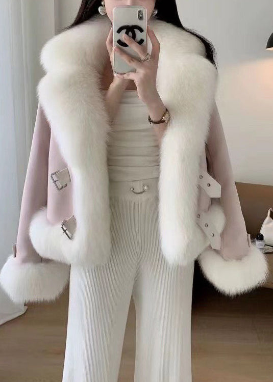 Elegant Beige Fur Collar Patchwork Woolen Coat Winter