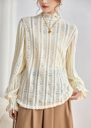 Elegant Beige Hollow Out Lace Shirt Tops Fall