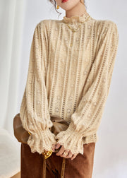 Elegant Beige Hollow Out Lace Shirt Tops Fall