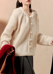 Elegant Beige Hooded Button Solid Knit Coats Winter