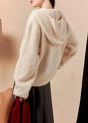 Elegant Beige Hooded Button Solid Knit Coats Winter