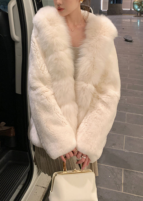 Elegant Beige Hooded Fur Collar Mink Hai Coat Spring