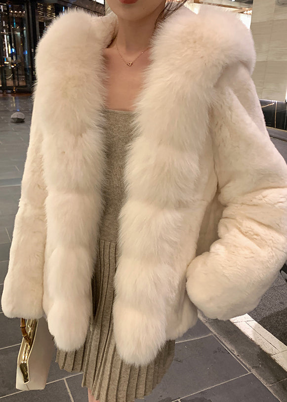 Elegant Beige Hooded Fur Collar Mink Hai Coat Spring