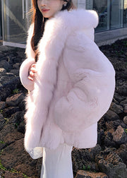 Elegant Beige Hooded Fur Collar Mink Hai Coat Spring