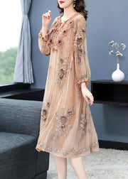 Elegant Beige Lace Up Jacquard Silk Holiday Dress Long Sleeve