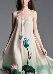 Elegant Beige Lotus Print Tie Dye Cotton Spaghetti Strap Dress Summer