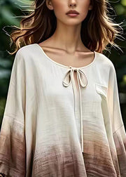 Elegant Beige O Neck Lace Up Cotton Tops Bracelet Sleeve