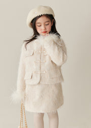 Elegant Beige O-Neck Patchwork Girls Parka And Skirts Two Pieces Set Spring