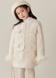 Elegant Beige O-Neck Patchwork Girls Parka And Skirts Two Pieces Set Spring