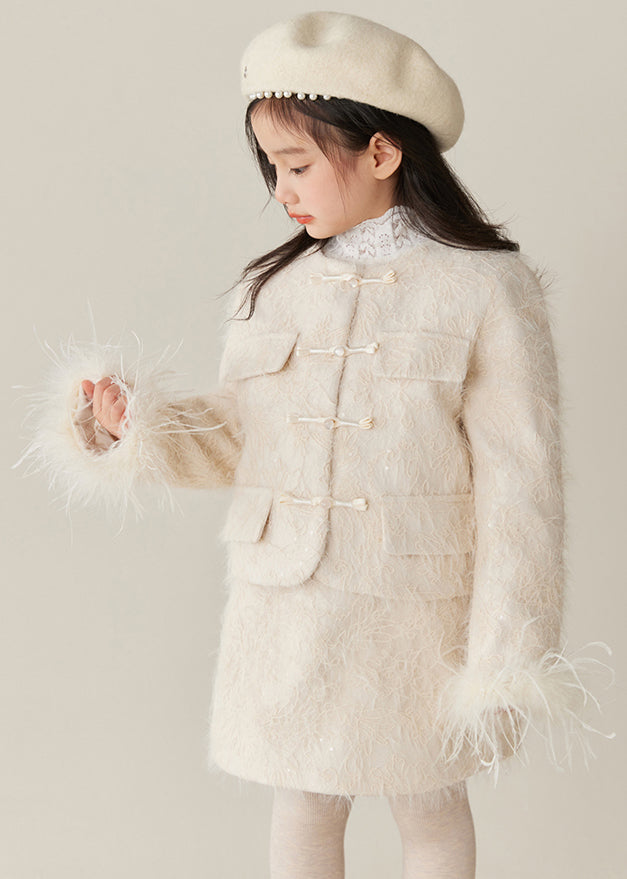 Elegant Beige O-Neck Patchwork Girls Parka And Skirts Two Pieces Set Winter