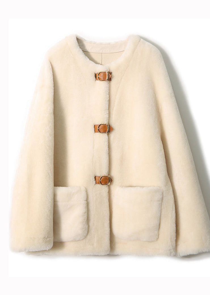 Elegant Beige O Neck Pockets Button Patchwork Wool Coats Winter