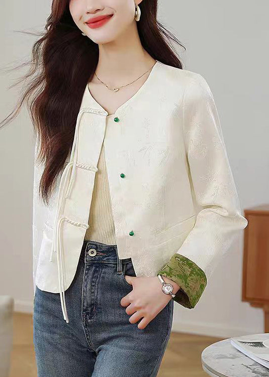 Elegant Beige O Neck Print Button Silk Coats Fall