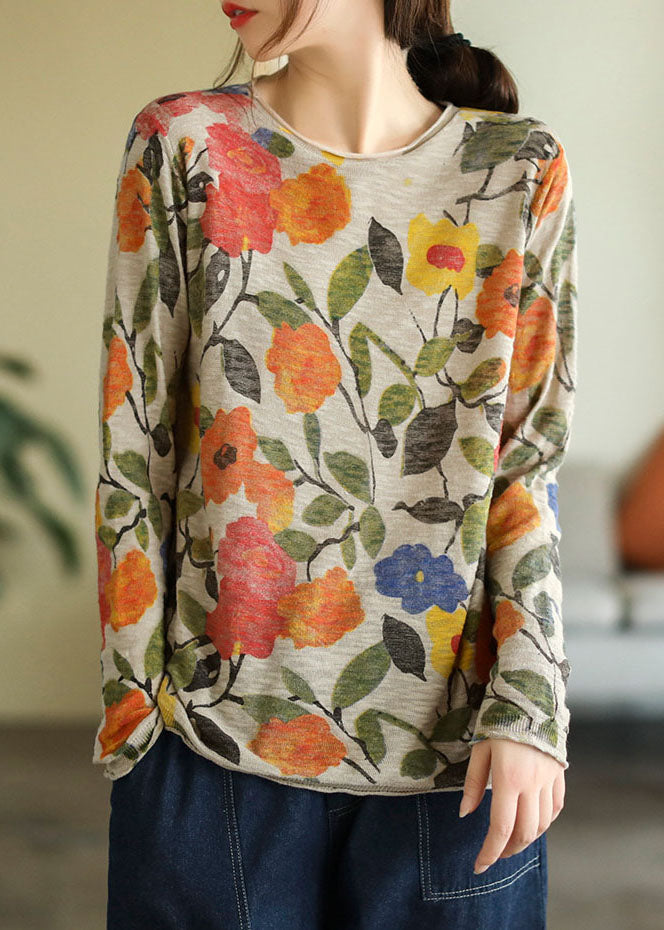 Elegant Indigo-Floral O-Neck Print Cotton Knitted Top Long Sleeve