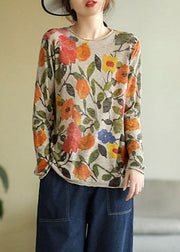 Elegant Yellow O-Neck Print Cotton Knitted Top Long Sleeve