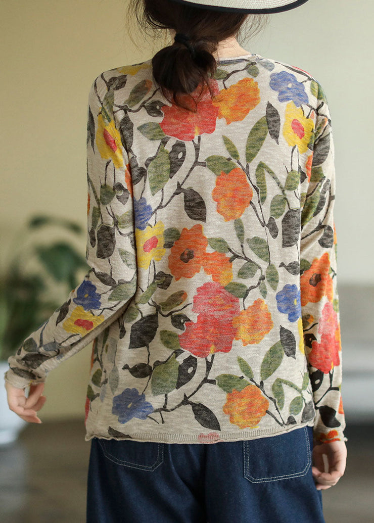 Elegant Grey O-Neck Print Cotton Knitted Top Long Sleeve