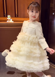 Elegant Beige O-Neck Tulle Patchwork Girls Long Dresses Fall