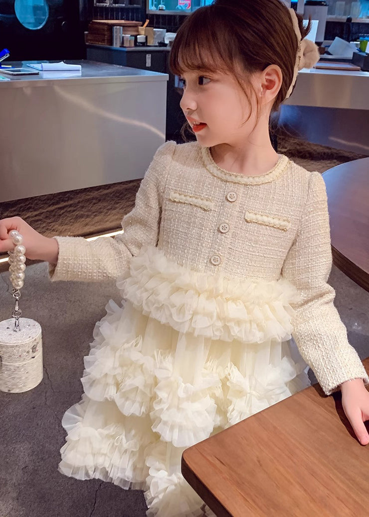 Elegant Beige O-Neck Tulle Patchwork Girls Long Dresses Fall