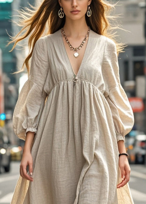 Elegant Beige Oversized Cotton Long Dresses Fall