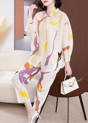 Elegant Beige Oversized Print Wrinkled Two Pieces Set Batwing Sleeve