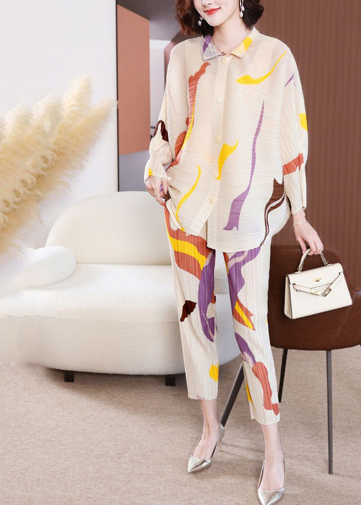 Elegant Beige Oversized Print Wrinkled Two Pieces Set Batwing Sleeve