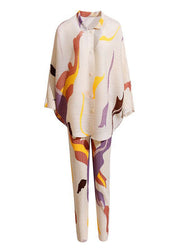 Elegant Beige Oversized Print Wrinkled Two Pieces Set Batwing Sleeve