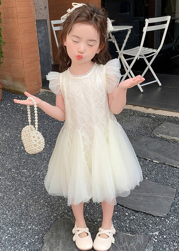 Elegant Beige Pearl Sequins Tulle Girls Dress Summer