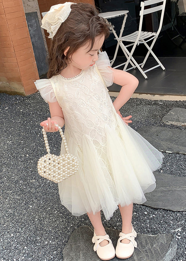 Elegant Beige Pearl Sequins Tulle Girls Dress Summer