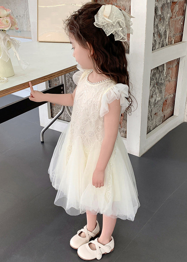 Elegant Beige Pearl Sequins Tulle Girls Dress Summer