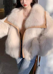 Elegant Beige Peter Pan Collar Button Leather And Fur Coats Spring