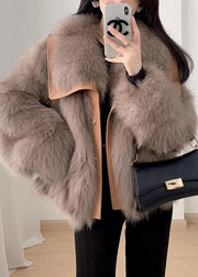 Elegant Beige Peter Pan Collar Button Leather And Fur Coats Spring