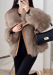 Elegant Beige Peter Pan Collar Button Leather And Fur Coats Spring